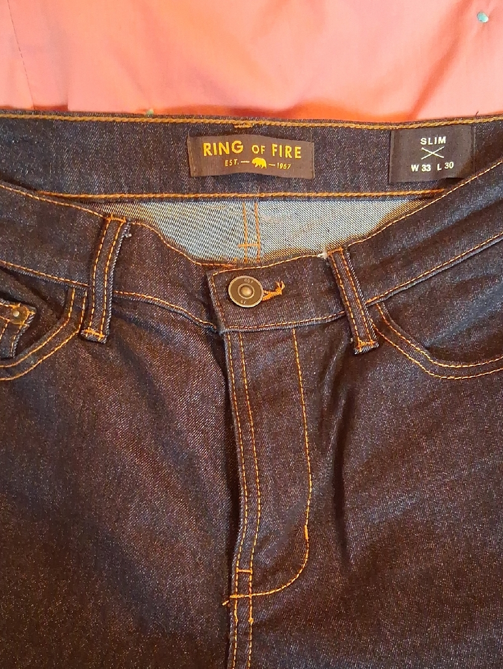 Ring of Fire Men's Slim Indigo Blue Denim Jeans with Gold Stitching